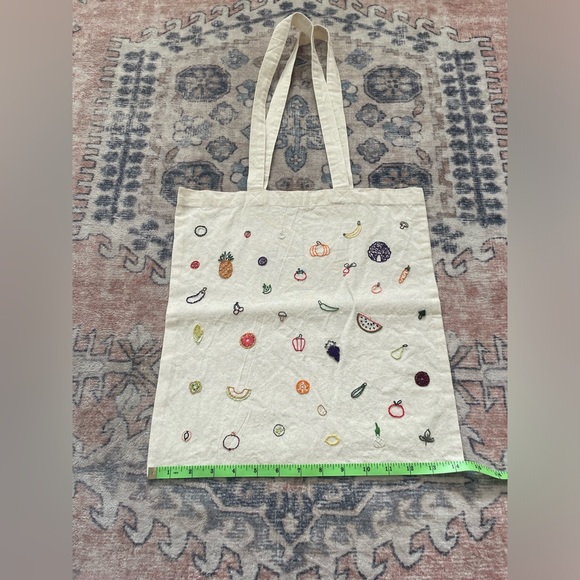Hand Embroidered Multicolor Fruits & Vegetables Tan Canvas On The Go Tote Bag - Picture 4 of 5